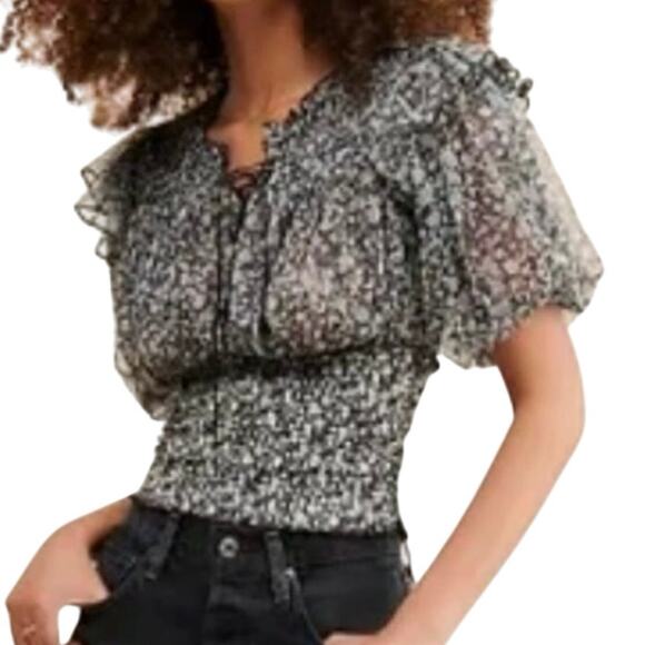 Free People Beatrice Mesh Black Combo Blouse, Size Medium, New with Tag MSRP $88 - Picture 4 of 9